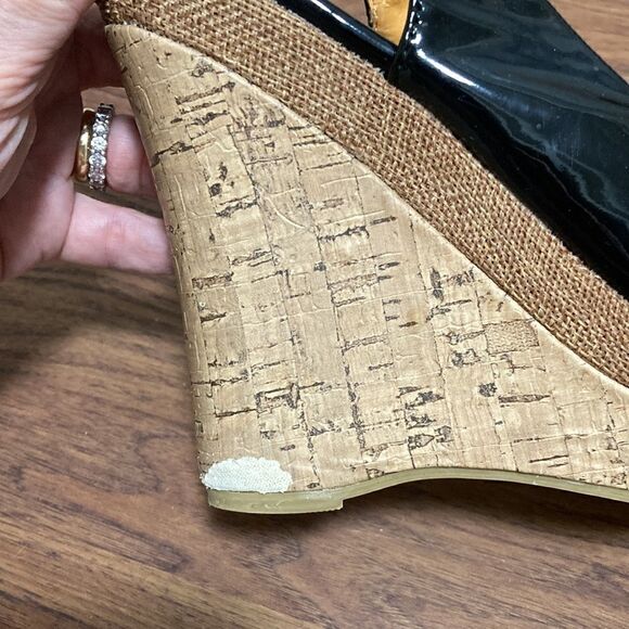 Lisa-W Black Patent Leather Slingback Cork Wedge Peep Toe Pumps. Size 39/8.5. - Picture 8 of 9